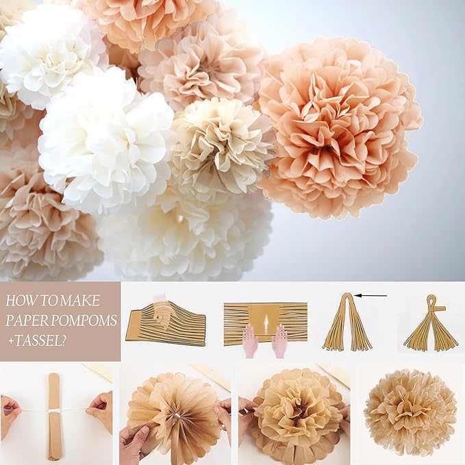 Baby Shower Decorations-Beige Cream Boho Neutral Balloons,Neutral Gender Reveal Party Supplies Welcome Baby Banner Paper Pom Poms Tassels,Cake Topper Star Decor for Baby Shower Decorations