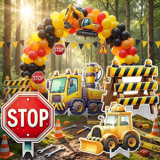 Honoson 4 Pcs Large 20" x 30" Construction Cardboard Cutouts, Construction Truck Themed Birthday Party Decoration Backdrop Yard Signs Warning Sign for Party Supplies Lawn Garden Classroom Decor