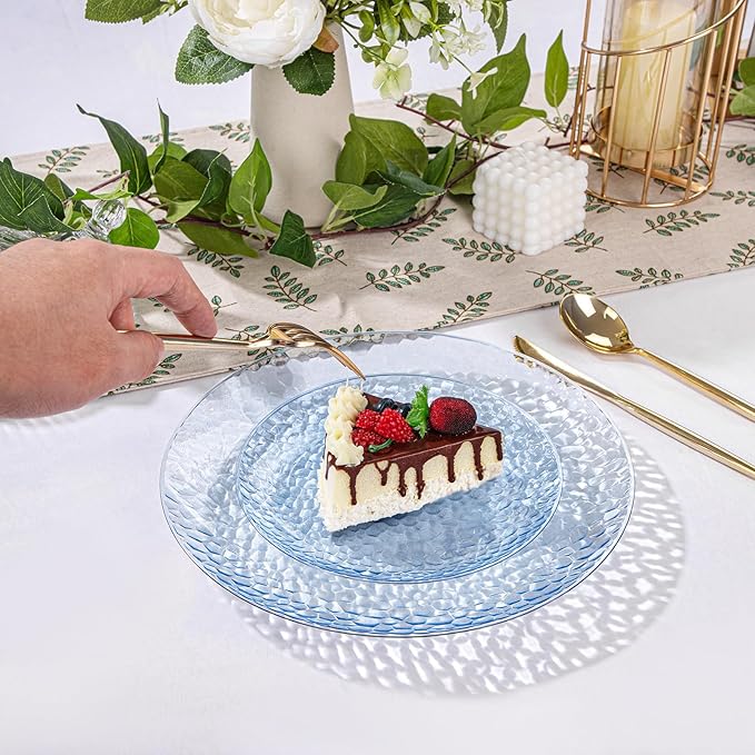 Rubtlamp 100 Pcs Blue Plastic Plates,Heavy Duty plastic Plates,Fancy Blue Disposable Plates, Hammered Plastic plates Include 50 Pcs Dessert Platos, 50 Pcs Dinner Platos for Party