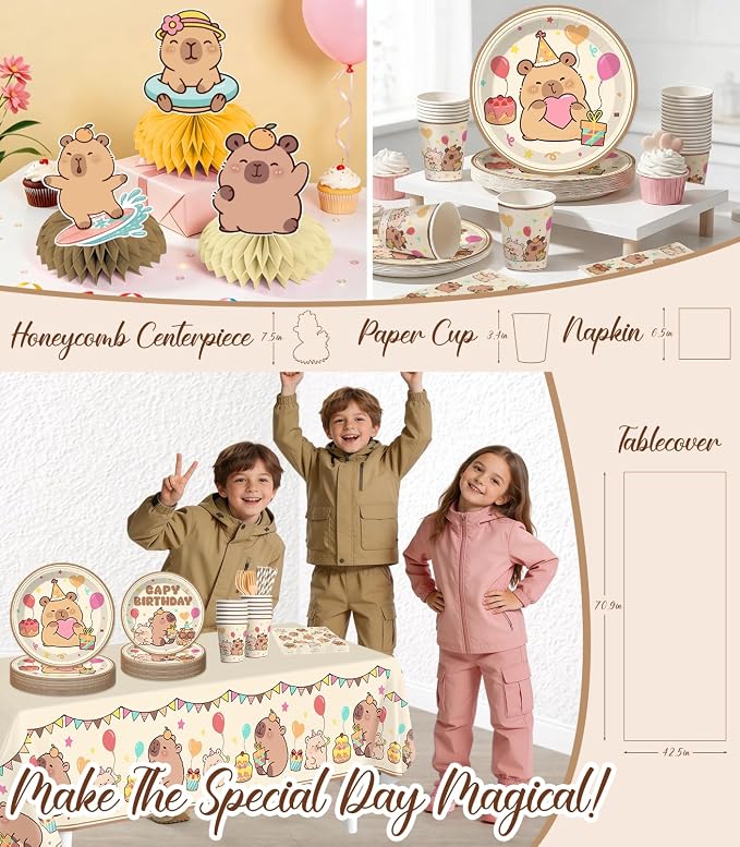 287 Pcs Capybara Birthday Decorations, Worry-Free One-Stop Set Serves 25 Guests, with Capybara Balloons Arch Kit, Backdrop, Thick Plates, and Cake Toppers, Easy Setup for Capybara Party Decorations