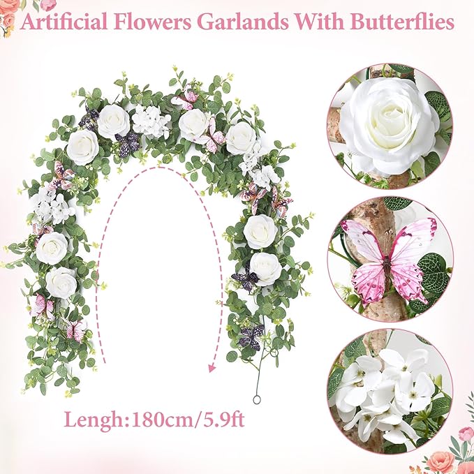 2Pcs 5.9 Ft Artificial Rose Vine Fake Flower Garland White Rose Hydrangea Vines with 3D Butterflies Hanging Floral Eucalyptus Garland for Wedding Party Background Arch Table Wall Home Decor