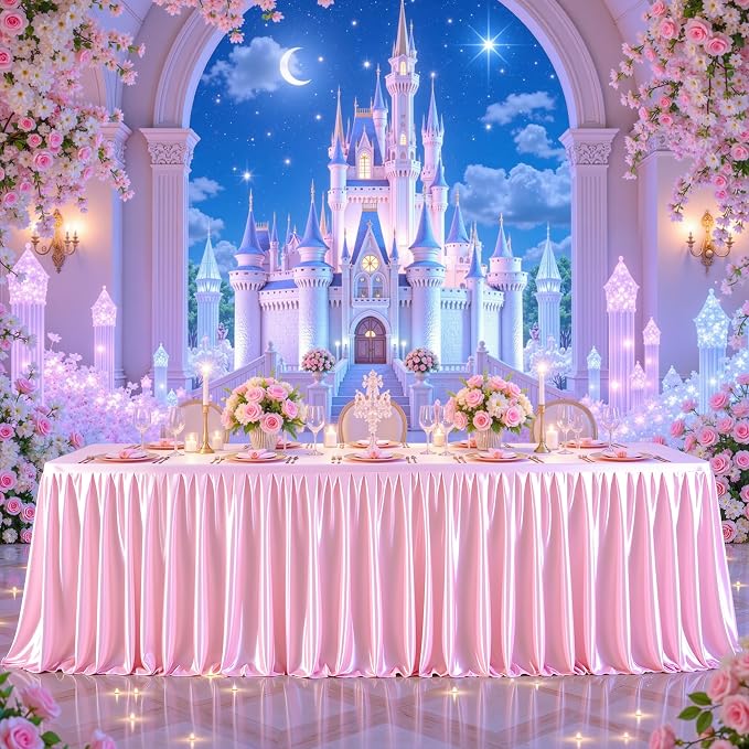 Pink Satin Tablecloths Rectangle 8FT, Glitter Spandex Fitted Stretch Table Covers Wrinkle-Free Floor Length Shimmer Table Skirt for Weddings Parties Baby Shower Banquets Vendor Events