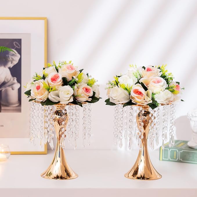 Gold Vase Stand Table: 10.2in Wedding Centerpieces, Set of 2 | High End Crystal Design Vase Stand for Wedding Party Reception Birthday Event Home, Tall Table Center Piece