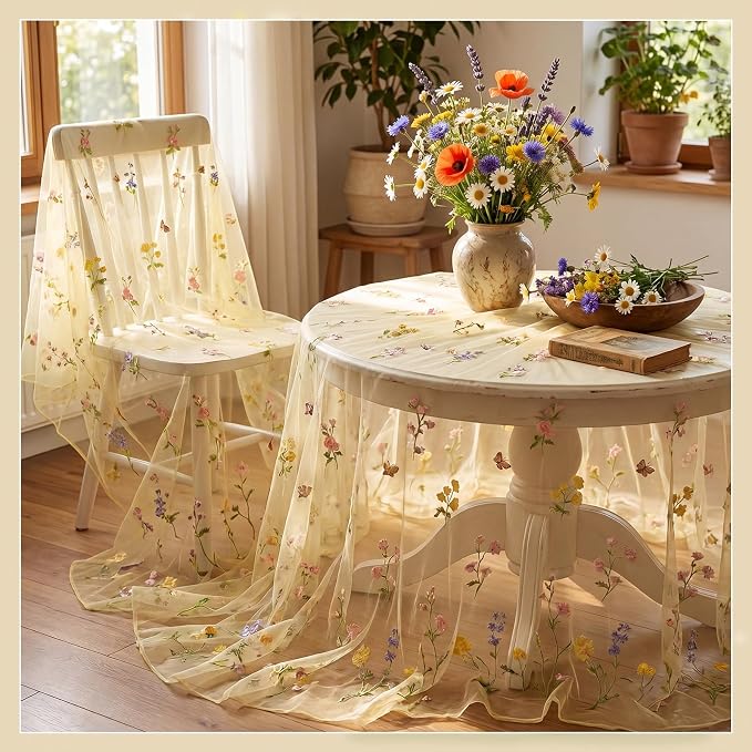 Lounsweer Yellow Wildflower Table Runner 10ft Embroidery Tulle Spring Floral Table Runner Seasonal Summer Butterfly Kitchen Dining Gauze Decoration for Wedding Baby Shower Birthday Party