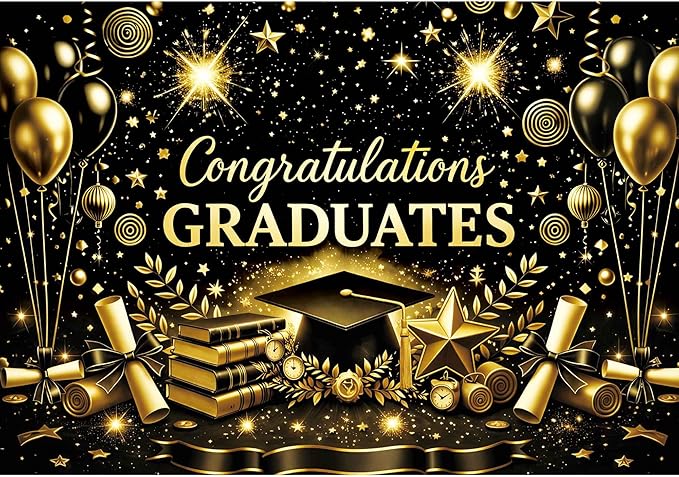 Class of 2026 Graduation Backdrop - 7x5ft Congraduations Graduate 2026 Photo Booth Background for Prom Party with Black and Gold Congrats Grad Banner Supplies Decor (Black)