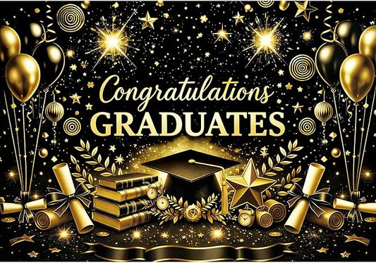 Class of 2026 Graduation Backdrop - 10x8ft Congraduations Graduate 2026 Photo Booth Background for Prom Party with Black and Gold Congrats Grad Banner Supplies Decor (Black)