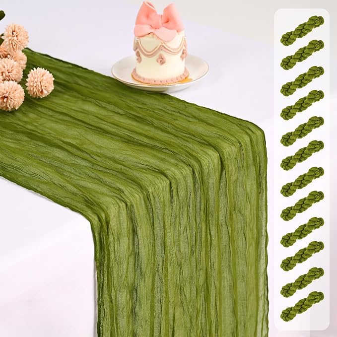 12 Pack Cheesecloth Table Runner,Olive Green Table Runner Long Romantic Semi Sheer Rustic Boho Gauze Table Runners for Wedding Bridal Shower Birthday Party Decorations(17.7×108 Inch)