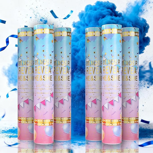 Prvivo 6 Pack Gender Reveal Confetti Cannon, Biodegradable Powder & Confetti Poppers (Blue/Pink), Safe Air Compressed Gender Reveal Cannons Kit for Huge Group Photos & Party