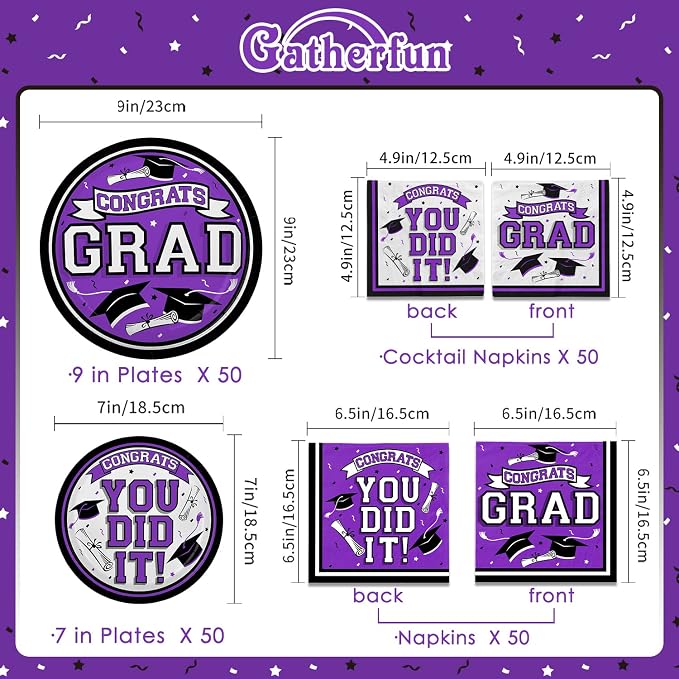 Graduation Party Supplies Dinnerware Set purple Disposable dinner paper plates dessert paper plates and Napkins for Congrats Grad Party Decorations, Serve 50