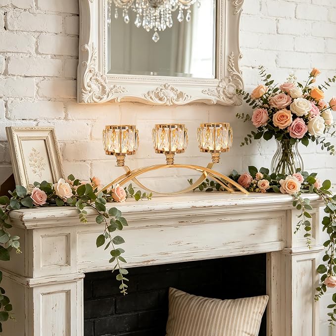 3 Arms Crystal Candle Holders, Arch Candlestick Table Candelabras Centerpieces for Wedding, Dinning Room, Cabinet Ornaments, Home Decoration， Gift (3-arm Arched, Gold)