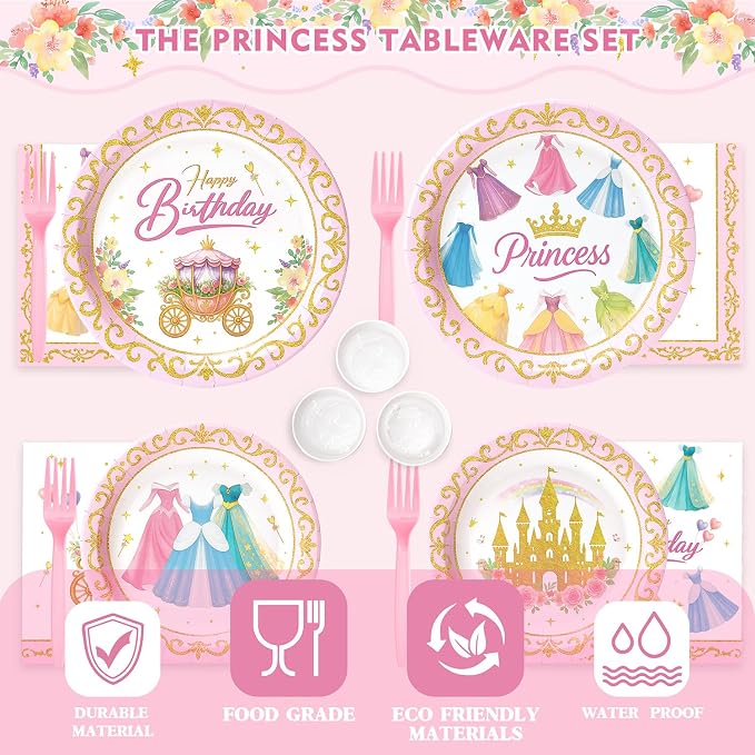 Princess Birthday Party Decorations – 199 PCS Princess Party Supplies for 24 Guests, Includes Plates, Cups, Napkins, Tablecloth, Castle Banner, Balloons, Cupcake Toppers, Tiara & Sash