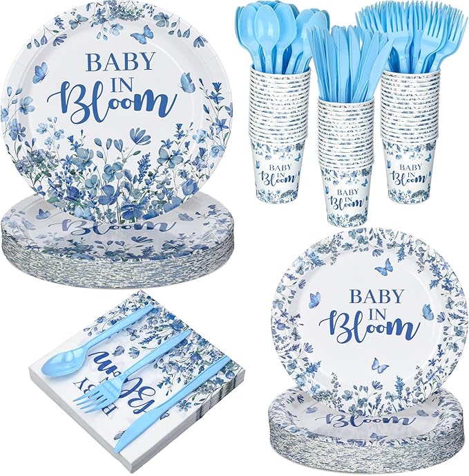 Yungyan 252 Pcs Baby in Bloom Blue Floral Baby Shower Party Tableware Set Included Plates Napkins Cups Forks Knives Cutlery for Party Decorations Supplies 36 Guests