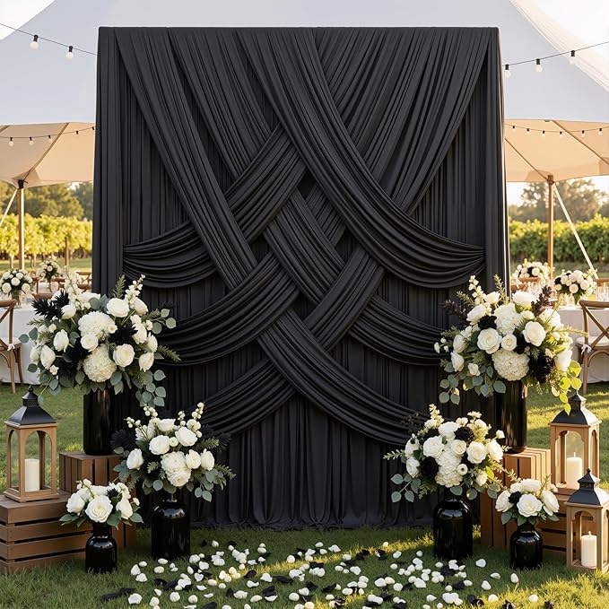 10ftx15ft Wrinkle Free Black Backdrop Curtain, 2 Panels 15FT Height Black Drapes for Wedding, Silky Polyester Polyester Back Drop Cloth Draping for Birthday Party Photography Background Party