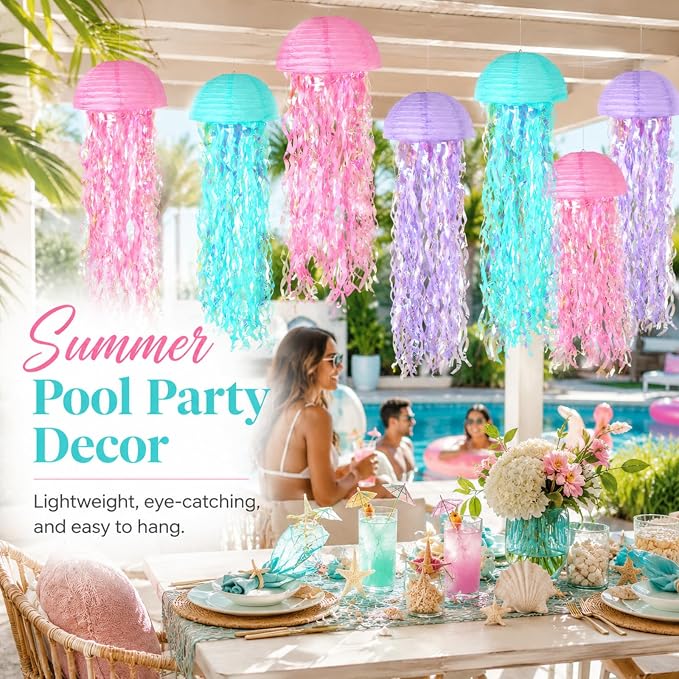 6-Pack Jellyfish Paper Lanterns with Shiny Ribbons, Pink Blue Purple Under The Sea Party Decorations, Mermaid Birthday Decorations for Girls, Ocean Themed Pool Party