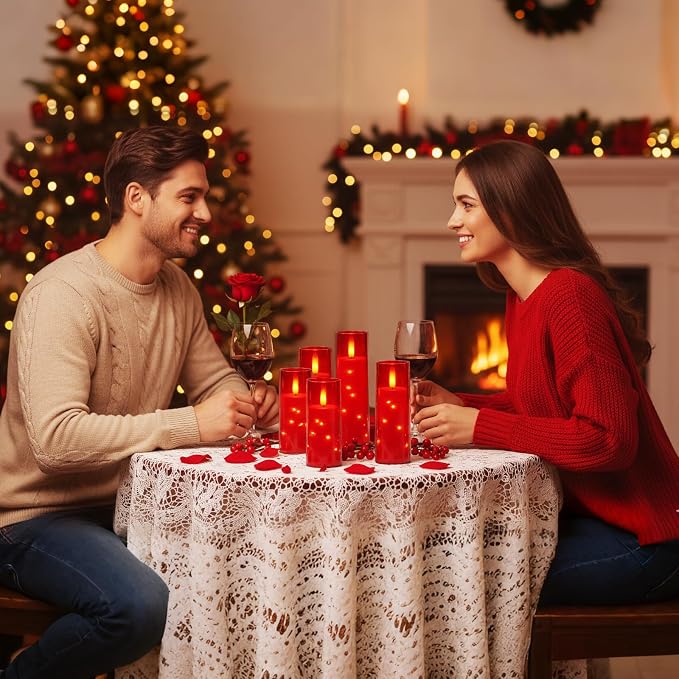 Raycare Independence Day Flameless Candle with Remote Timer – 9 Flickering Acrylic Battery Operated LED Pillar Candles with Embedded Star String for 4th of July Home Patriotic Decor, as a Gift (Red)