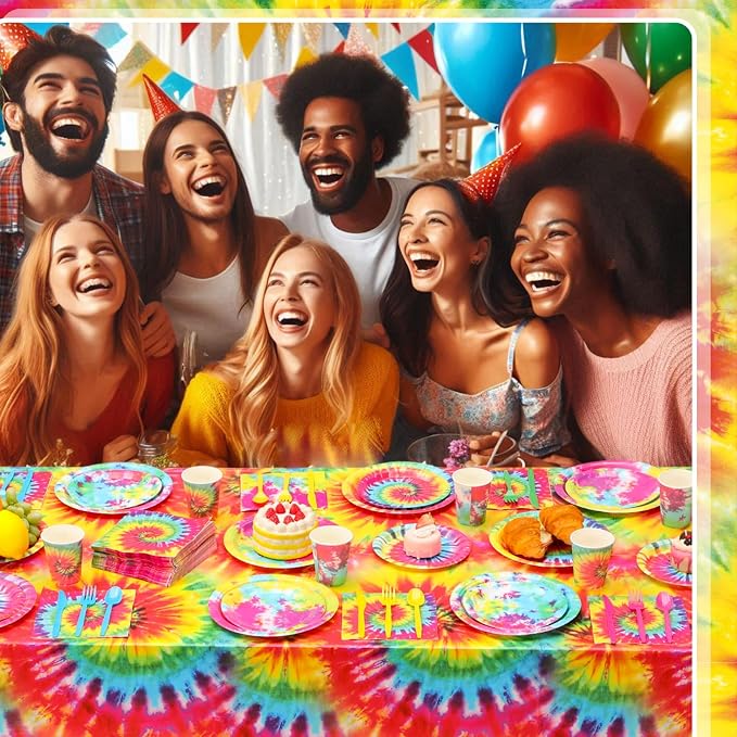 Ceenna 390 Pcs Tie Dye Party Supplies for 48 Guests, Tie Dye Paper Plates Napkins Cups Tablecloth Cutlery Disposable Tableware Set for Birthday Baby Shower Party
