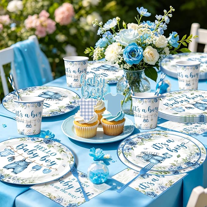 Baby Boy Shower Decorations, All-in-One Set with Boy Baby Shower Plates and Napkins, Balloon Arch, Cake Topper, Balloon Box, Banner, Tablecloth, Baby Shower Decorations Boy Serves 24