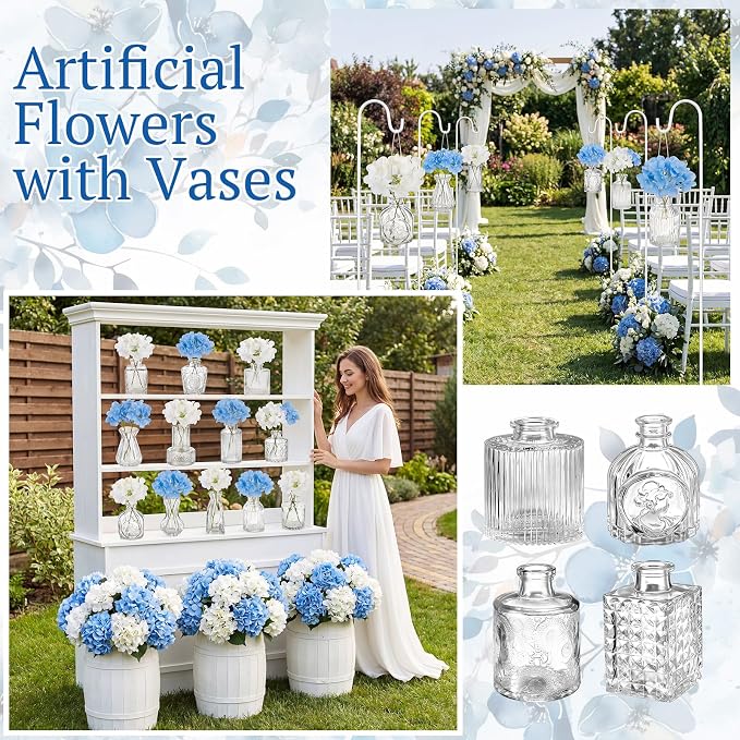 36 Pcs Artificial Flowers Table Centerpiece with Vases Colorful Wildflower Centerpieces Silk Flower Arrangement for Wedding Baby Shower Table Centerpieces Party(Hydrangea,Clear)