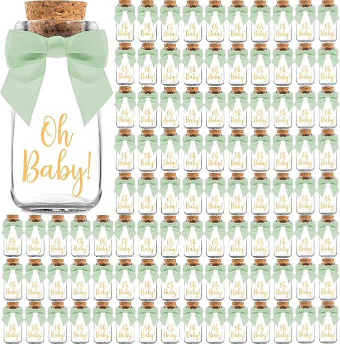Ethisa 96 Pack Oh Baby Woodland Milk Glass Bottles with Ribbons and Stickers - Vintage Baby Shower Favors for Guests and Table Centerpieces - Gender Neutral Eucalyptus Decorations - Safari Theme