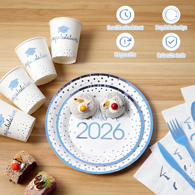 350pcs Class of 2026 Graduation Plates and Napkins Set, Disposable Paper Plate Set Polka Dots Napkins Cups Knife Fork Spoon for Graduation Party Decorations and Supplies,Serve 50(White LightBlue)