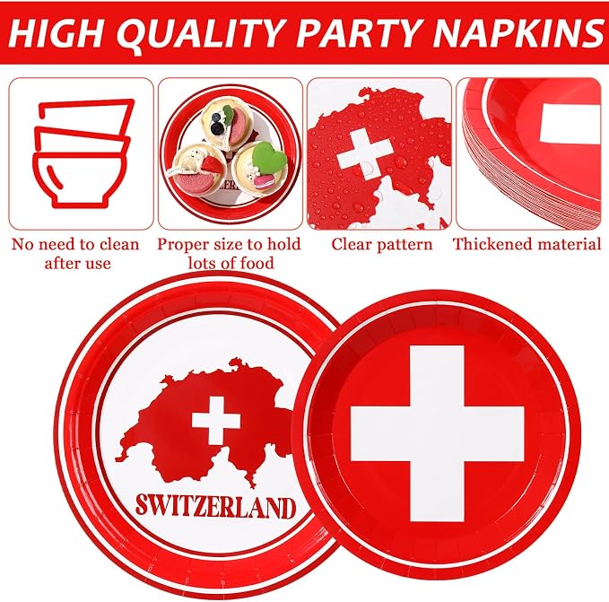96pcs Switzerland Party Supplies Tableware Set Swiss Flag Party Paper Plates and Napkins Swiss National Day Decoration Suitable for Cultural Festivals Global Travel Parties, Serve 24