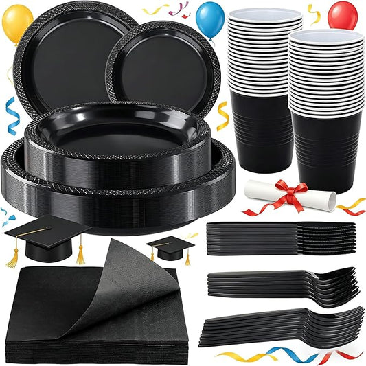 WELLIFE 210 PCS Black Plastic Plates for 30 Guests - Disposable Dinnerware Set Including Dinner Plates, Dessert Plates, 12oz Cups, Cutlery & Napkins, Black Disposable Plates for Party and Birthdays