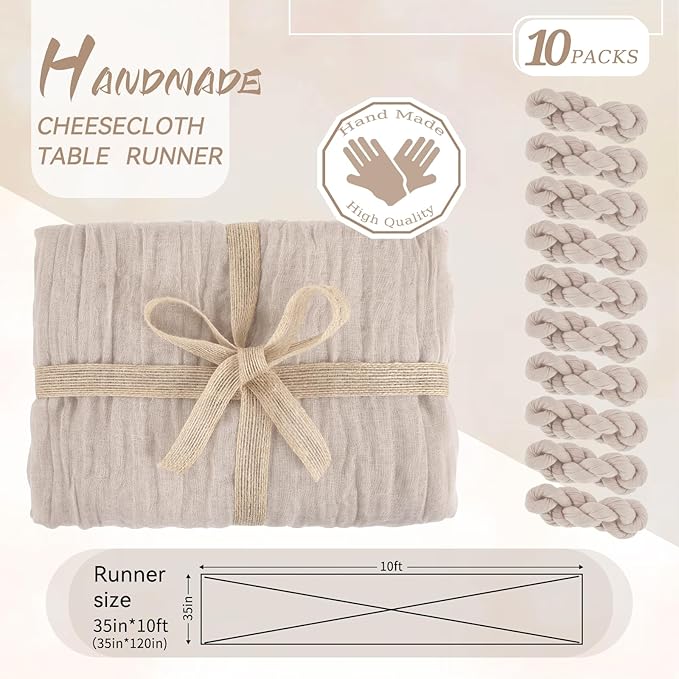 10 Packs Cheesecloth Table Runner Grey, 10Ft x 35" Rustic Gauze Boho Wedding Table Runner Decoration, Wedding Table Decor Table Cloth for Wedding Party Bridal Shower Table