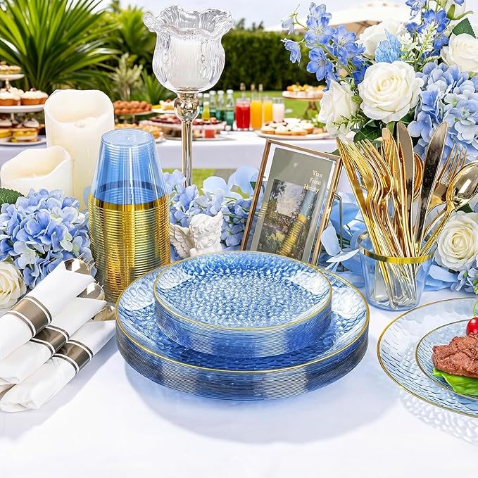 Rubtlamp 100Pcs Blue Gold Plastic Plates, Blue Disposable Plates With Gold Rim, Hammered Plastic Plates Include 50 Dessert Platos, 50 Dinner Platos for Party