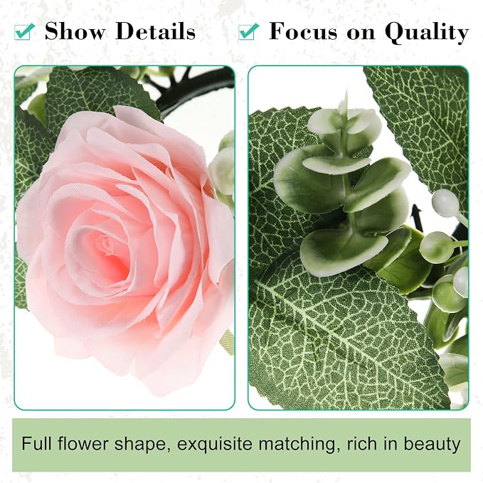 Yunlly 12 Pcs Rose Candle Rings with Flameless Candles Sets, Artificial Flower Eucalyptus Wedding Centerpiece 3 Inch Pillar Candleholders Wreaths for Wedding Party Mother's Day (Pink)