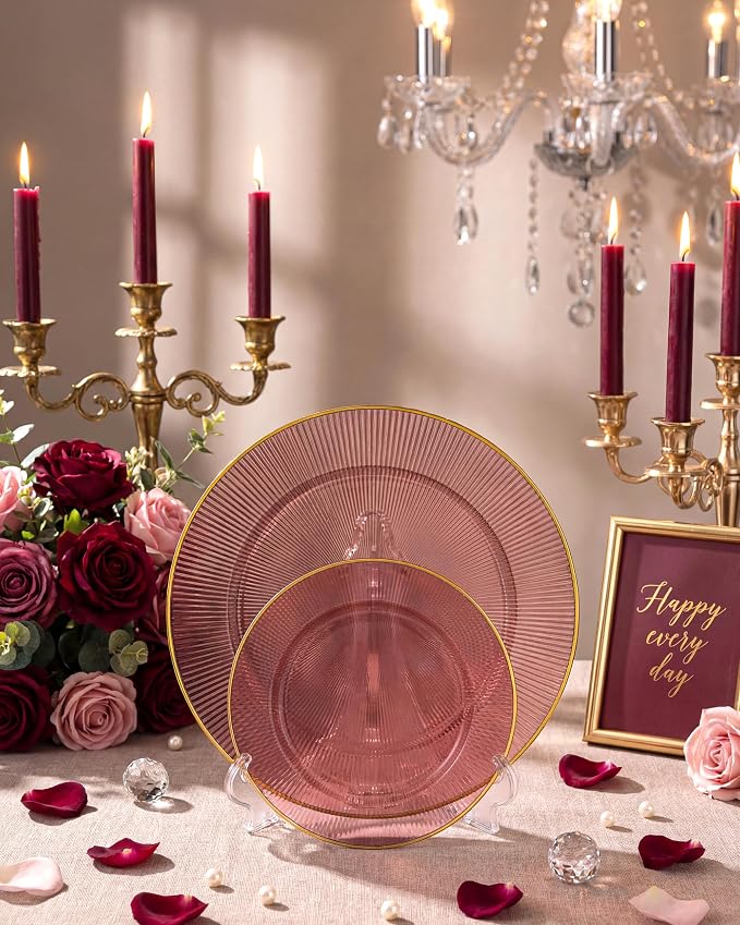 Hioasis 60pcs Burgundy and Gold Plastic Plates - Burgundy Disposable Dinnerware Set, 30pcs Dinner 10in & 30pcs Dessert 7in Plates with Striped Designs for Party & Wedding