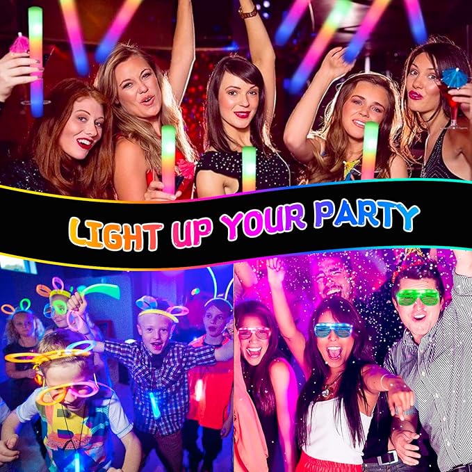 248PCS Glow in the Dark Party Supplies, Party Pack Bulk , 16PCS Foam Glow Sticks & LED Glasses, 16PCS LED Light Up Rings and 200PCS Glow Sticks for Neon Party Decorations, halloween party favors