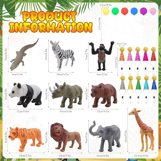 26 PCS Jungle Animal Birthday Party Decorations with Safari Animal Figurines, Mini Hats & Balloons, Cake Toppers for Birthday Party, Wild Animals Party Supplies(Jungle Animal)