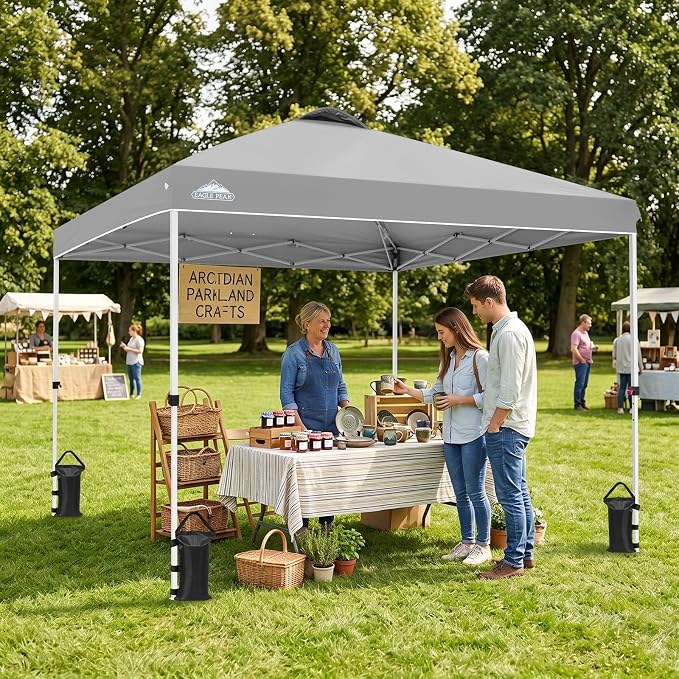 EAGLE PEAK Pop Up Canopy Tent with Wheeled Carry Bag, 8 Stakes, 4 Ropes, 4 Weight Bags, Easy Set Up Tent Canopy, 10x10 ft, 100sqft of Shade, Light Gray