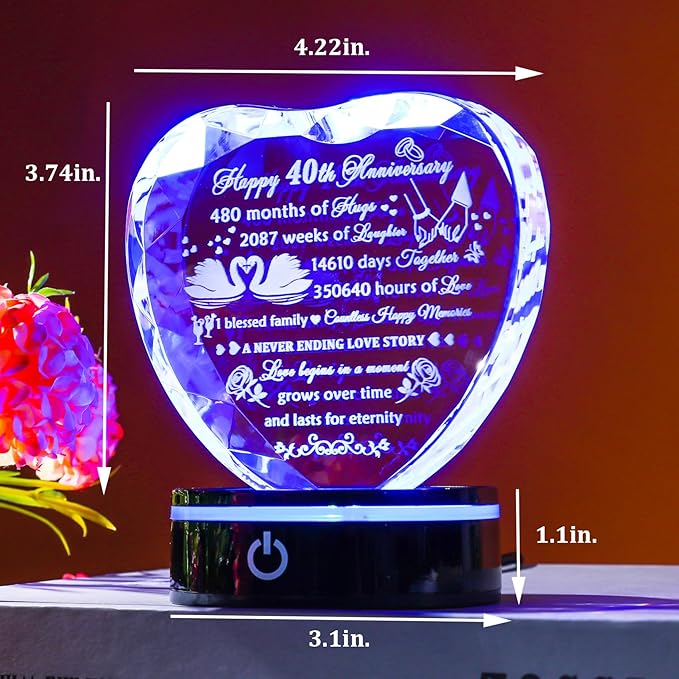 YWHL 40th Anniversary Crystal Heart Gifts for Wife Husband, Laser Engraved Romantic 40 Year Wedding Anniversary Crystal Keepsake Gifts for Her Him, 40 Years of Marriage Gift for Couples Friends