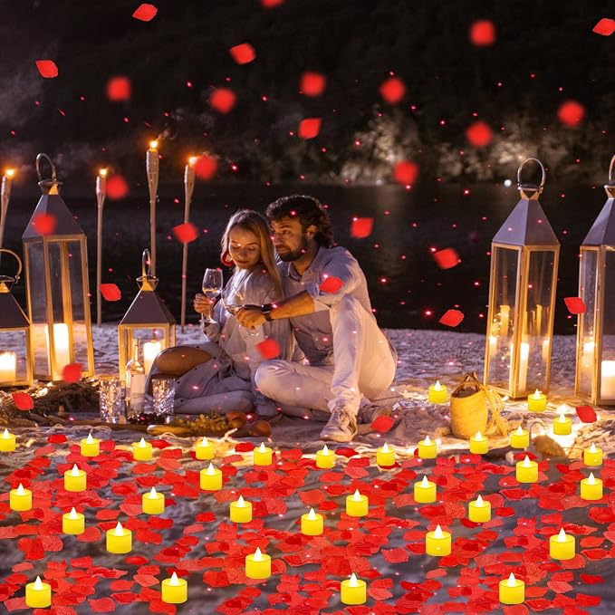 Hanaive 8000 Pcs Artificial Rose Petals with 120 Pcs Flameless LED Tea Light Candles Set Romantic Special Night Decorations for Proposal Anniversary Wedding Party Decor(Classic Color)