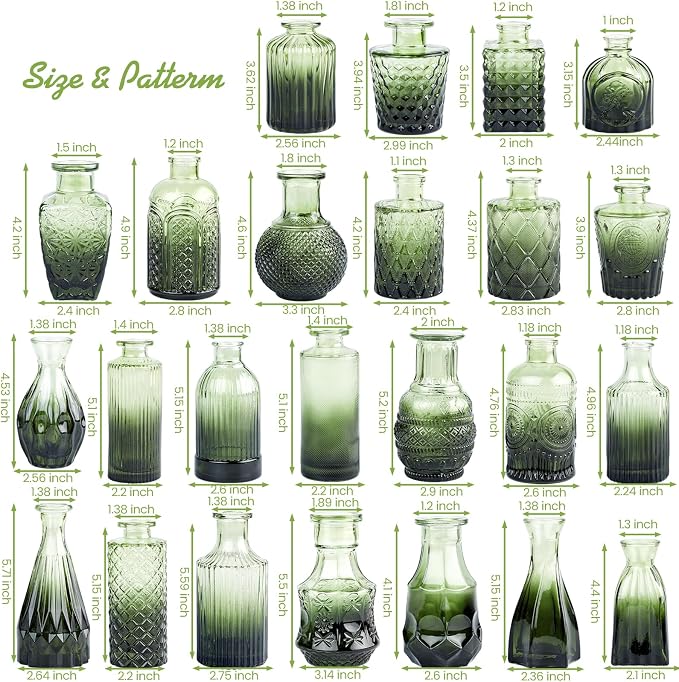 TBWIND Glass Bud Vase Set of 24, Small Green Flower Vases for Centerpieces in Bulk, Mini Vintage Vase for Wedding Decor, and Home Table Décor