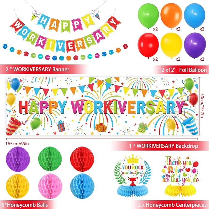 Holkcog Happy Workiversary Decorations for Coworker, Colorful Happy Workiversary Banner Honeycomb Ornament and Balls、Colorful Balloons Decor Set for Work Anniversary Employee Office Party Supplies