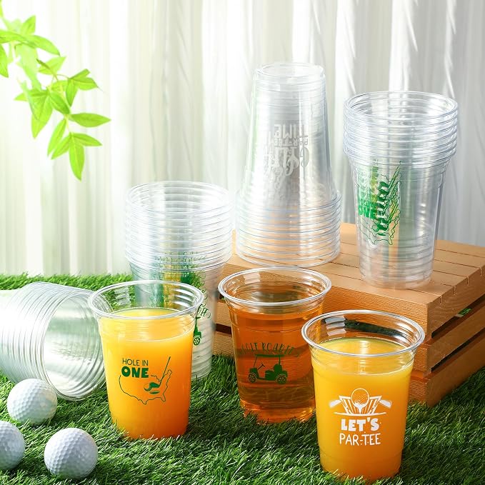 Geyoga 100 Pcs Golf Ball Cups 16 oz Golf Plastic Disposable Cups Bulk Let's Par-tee Clear Drinking Tumbler for Sport Birthday Bachelor Party Decoration Favors