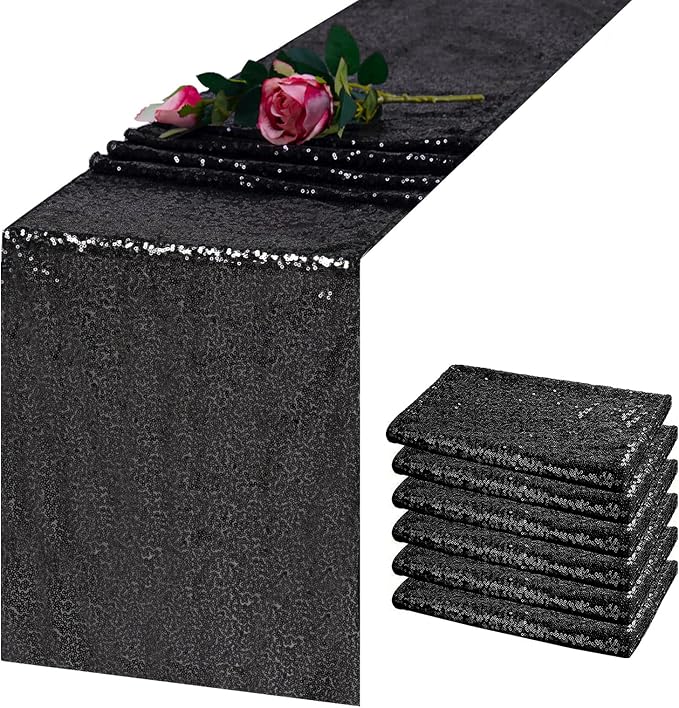 6 Pack Black Sequin Table Runner 12x108 Inch, High Density Sparkly Glitter Table Runners for Wedding Reception, Birthday Party, Banquet, Halloween, Black Metallic Shimmering Decor
