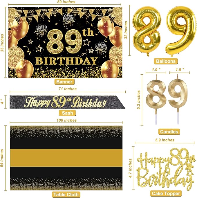 89th Birthday Decorations Men Women with 89th Birthday Banner, Black and Gold Table Cloth, Number Balloons, Sash, Cake Topper and Candles