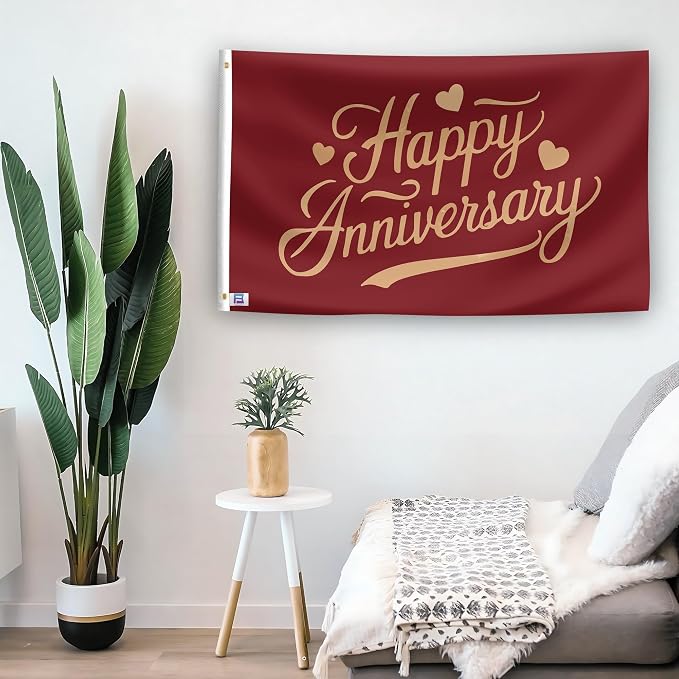 Happy Anniversary Flag - 3x5 ft High-Durability Polyester Fade-Resistant, Weatherproof Outdoor/Indoor Banner