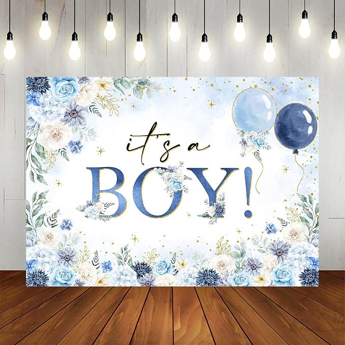 It's a Boy Baby Shower Backdrop 7x5ft Watercolor Blue Floral Baby Shower Party Decorations Background for Boys Blue Balloon Banner Photo Booth Props
