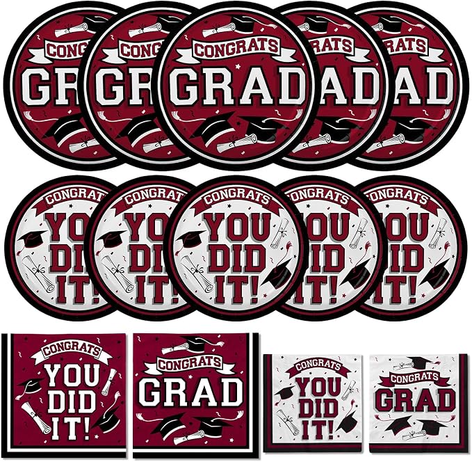 Gatherfun Graduation Party Supplies Dinnerware Set maroon Disposable dinner paper plates dessert paper plates and Napkins for Congrats Grad Party Decorations, Serve 50