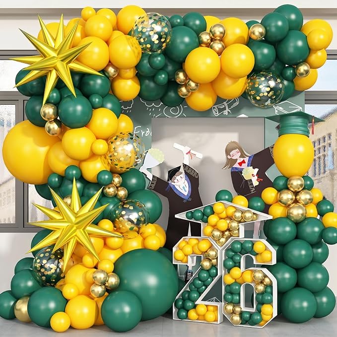 Green Yellow Balloon Garland Arch Kit, Dark Green Yellow Metallic Gold Balloon with Gold Confetti Explosion Star Foil Balloon for Birthday Baby Shower class of 2025 Graduation Party Decoration