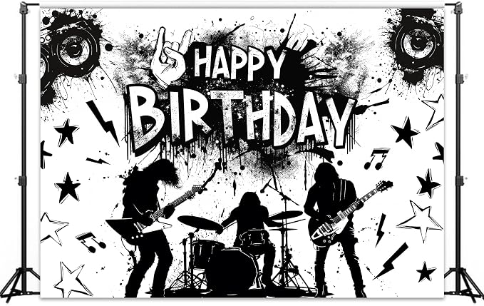 Rock and Roll Backdrop Music Themed Guitar Drum Silhouette Musical Notes Symbols Themed Birthday Party Photography Background Decoration Modern Cool Fabric Photo Shoot Studio Props