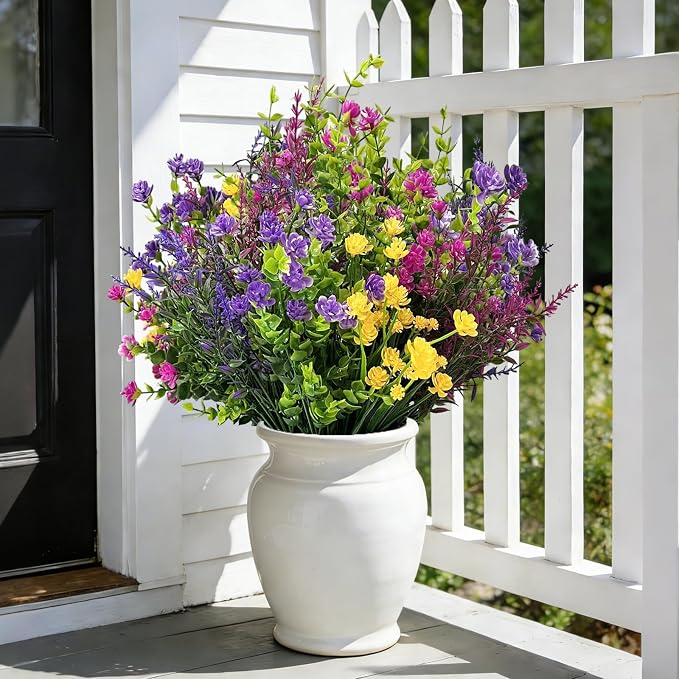 Artificial Flowers for Outdoors, UV Resistant Fake Plants for Spring Outside Window Box Hanging Planters Porch Realistic Plastic Faux Flower Bulk for Wedding Garden Decor(12,Purple,Red,Yellow)