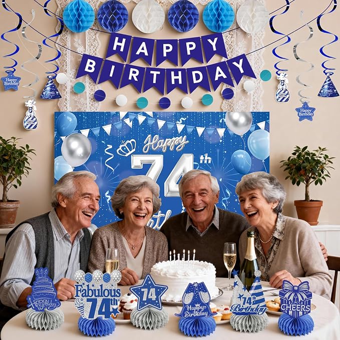 Happy Birthday Party Decoration Set: Including Birthday Banner Backdrop, Party Table Centerpieces and Hanging Swirl Party Streamers, Birthday Decor Suppliers for Men and Women (Blue, 74th Birthday)