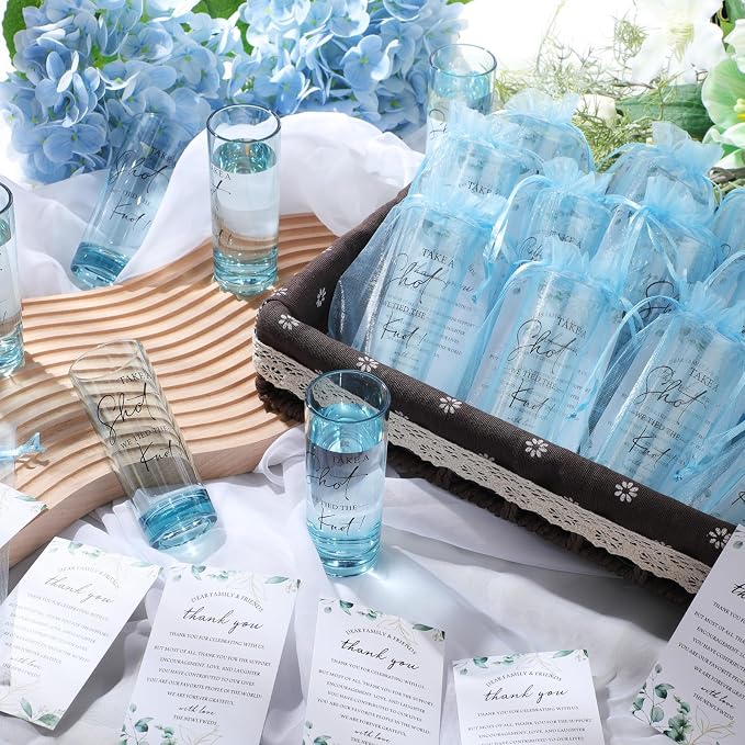 Sliner 150 Set Wedding Favors for Guests Bulk 2oz Acrylic Take a Shot We Tied the Knot Shot Glasses with Thank You Cards Organza Bags for Guest Souvenir Wedding Bridal Shower Gifts (Blue,Black)