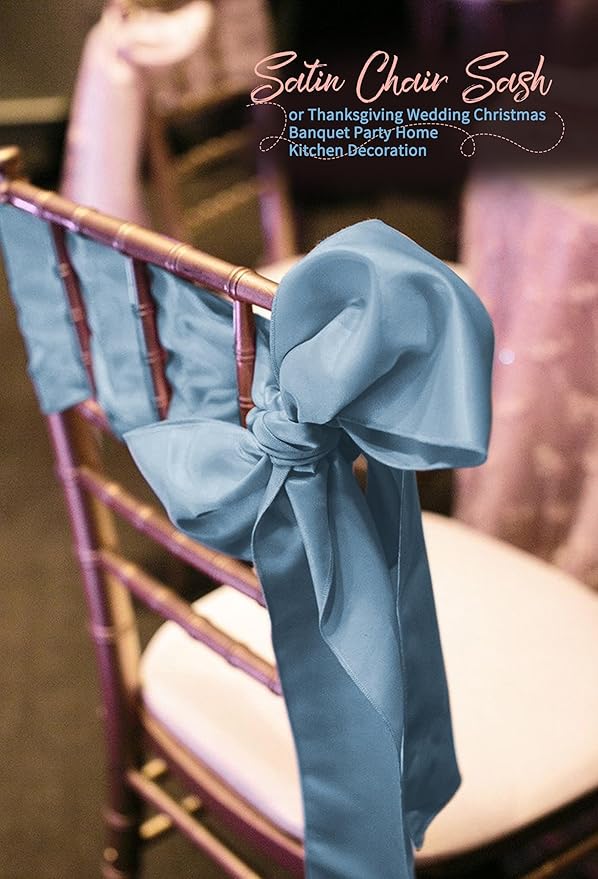 120 PCS Dusty Blue Satin Chair Sashes, Ties Bows Designed Chairs Decorative, Chair Cover Sashes for Thanksgiving Wedding Christmas Banquet Party Home Kitchen Decoration (7 x 108 inch)