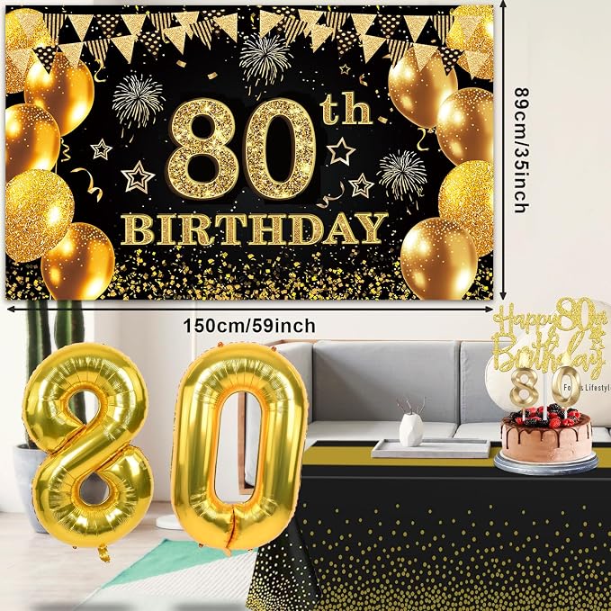 80th Birthday Decorations Men Women with 80th Birthday Banner, Black and Gold Table Cloth, Number Balloons, Large Sash, Cake Topper and Candles